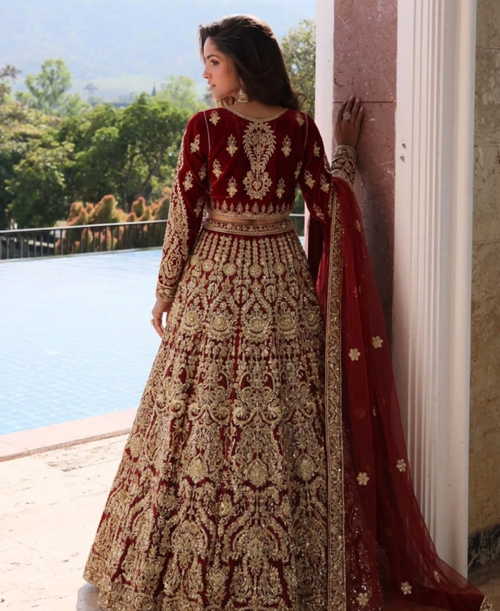 Gorgent Rose Red Bridal Lehenga with Short Shirt — SKU P 5006