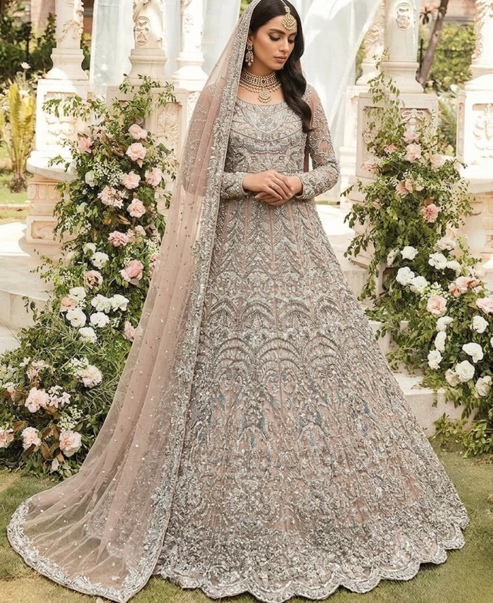 Gorgent Light Peach Bridal Maxi with Silver Work — SKU P 5010