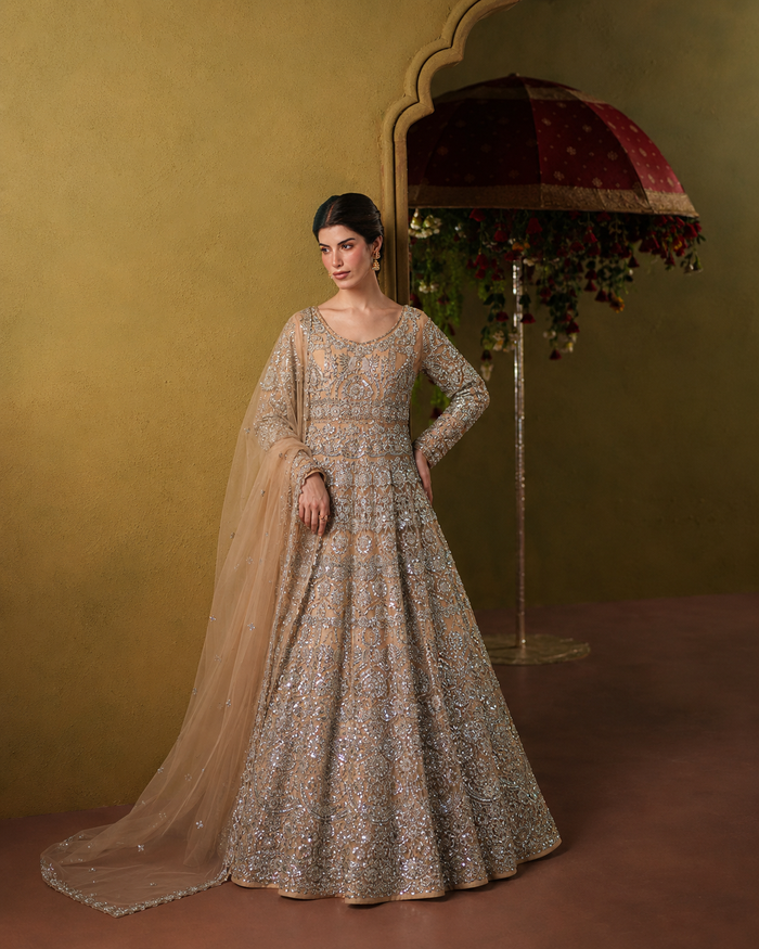 Gorgent Peach Bridal Maxi with Heavy Silver Work — SKU P 5019