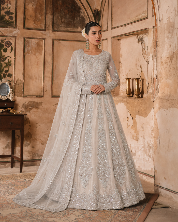 Gorgent Light Peach Bridal Maxi with Heavy Silver Work — SKU P 5020