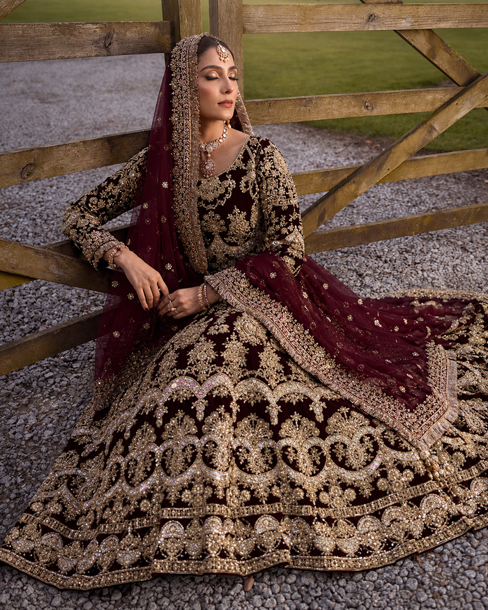 Gorgent Maroon Velvet Bridal Lehenga with Golden Work — SKU P 5021