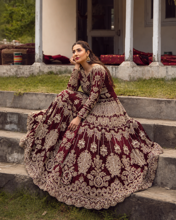Gorgent Red Velvet Bridal Lehenga with Golden Work — SKU P 5023