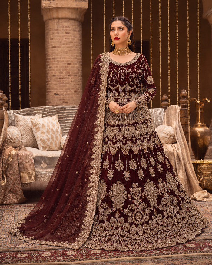 Gorgent Maroon Velvet Bridal Lehenga with Golden Work — SKU P 5024