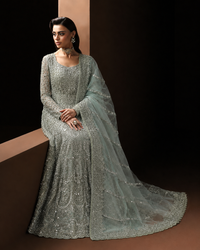 Gorgent Pistachio Bridal Maxi with Back Tail & Multi Dupatta — SKU P 5003