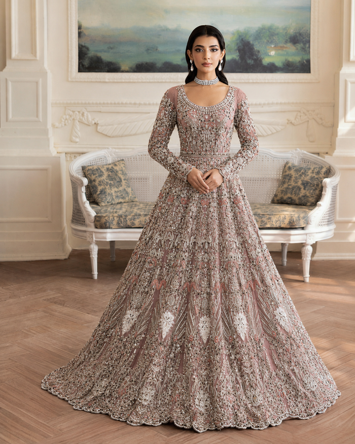 Gorgent Peach Pink Bridal Maxi with Silver & Resham Work — SKU P 5004