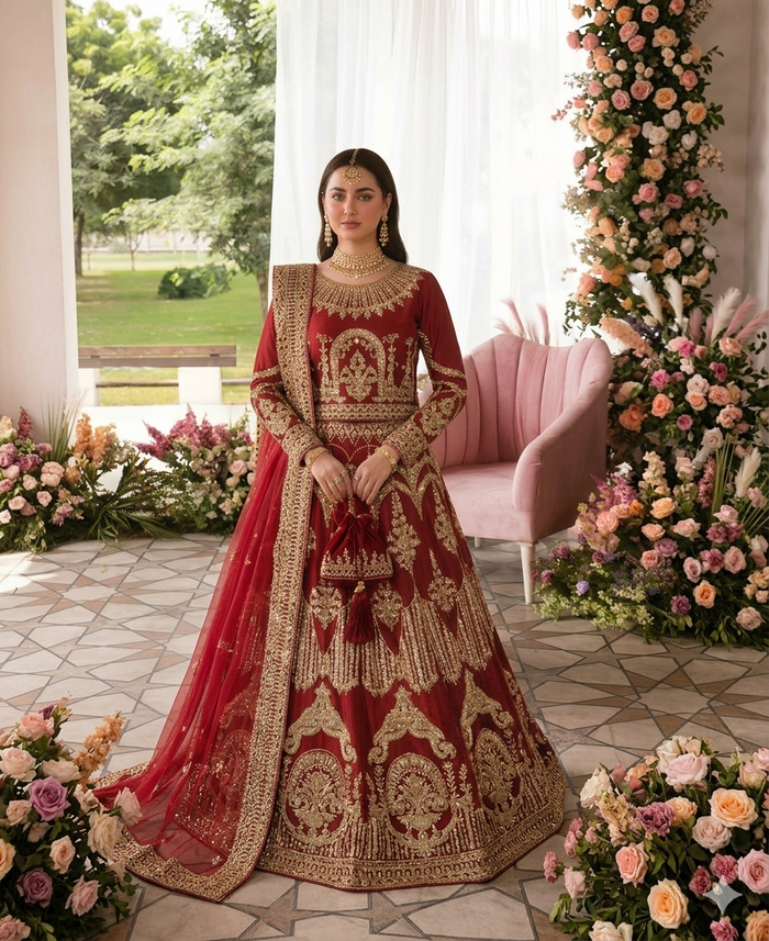 Gorgent Rose Red Bridal Lehenga with Short Shirt — SKU P 5007