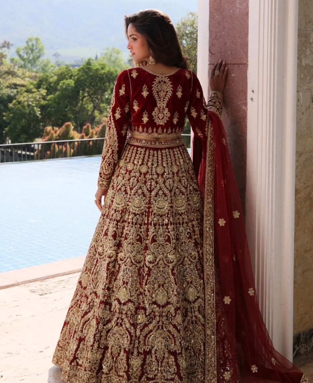 Gorgent Rose Red Bridal Lehenga with Short Shirt — SKU P 5006