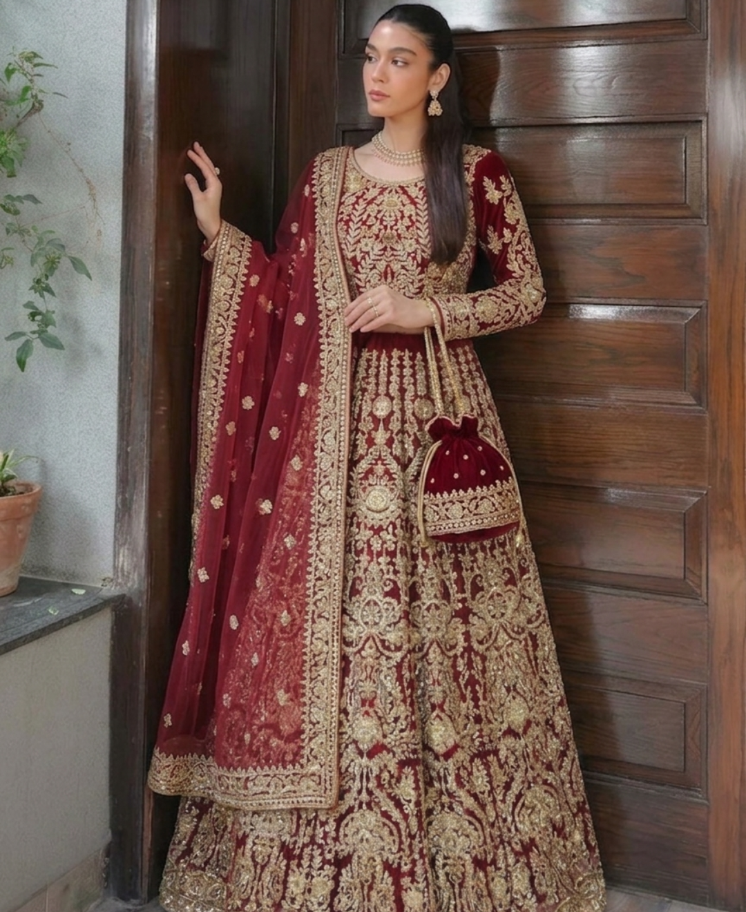 Gorgent Rose Red Bridal Lehenga with Short Shirt — SKU P 5006