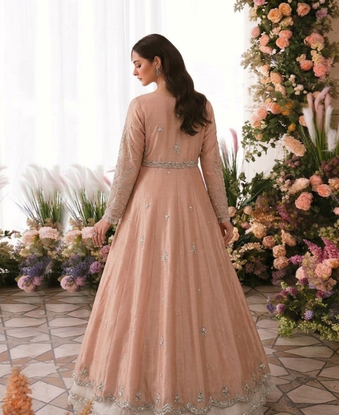 Gorgent Light Peach Bridal Maxi with Silver Work — SKU P 5010