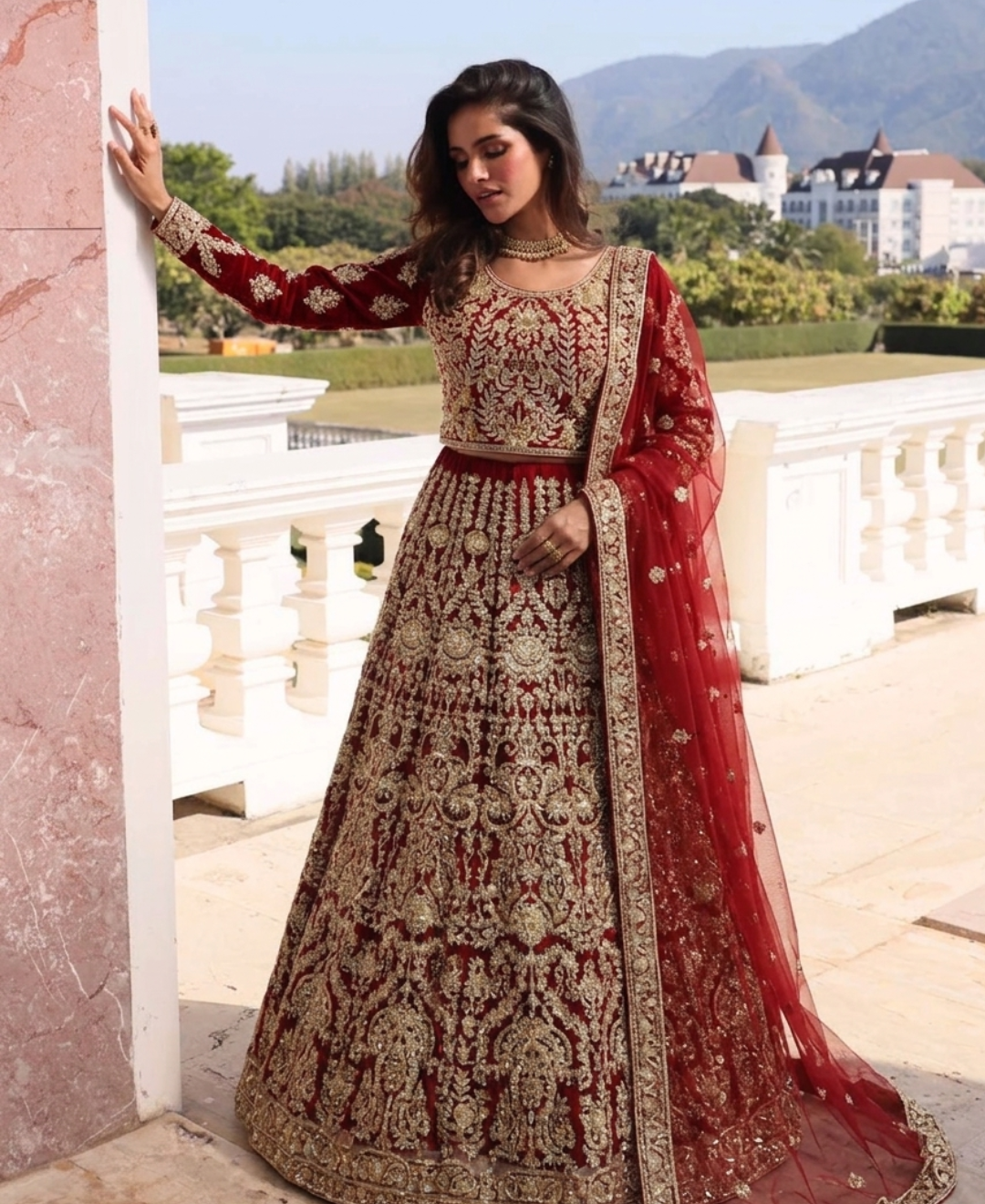 Gorgent Rose Red Bridal Lehenga with Short Shirt — SKU P 5006