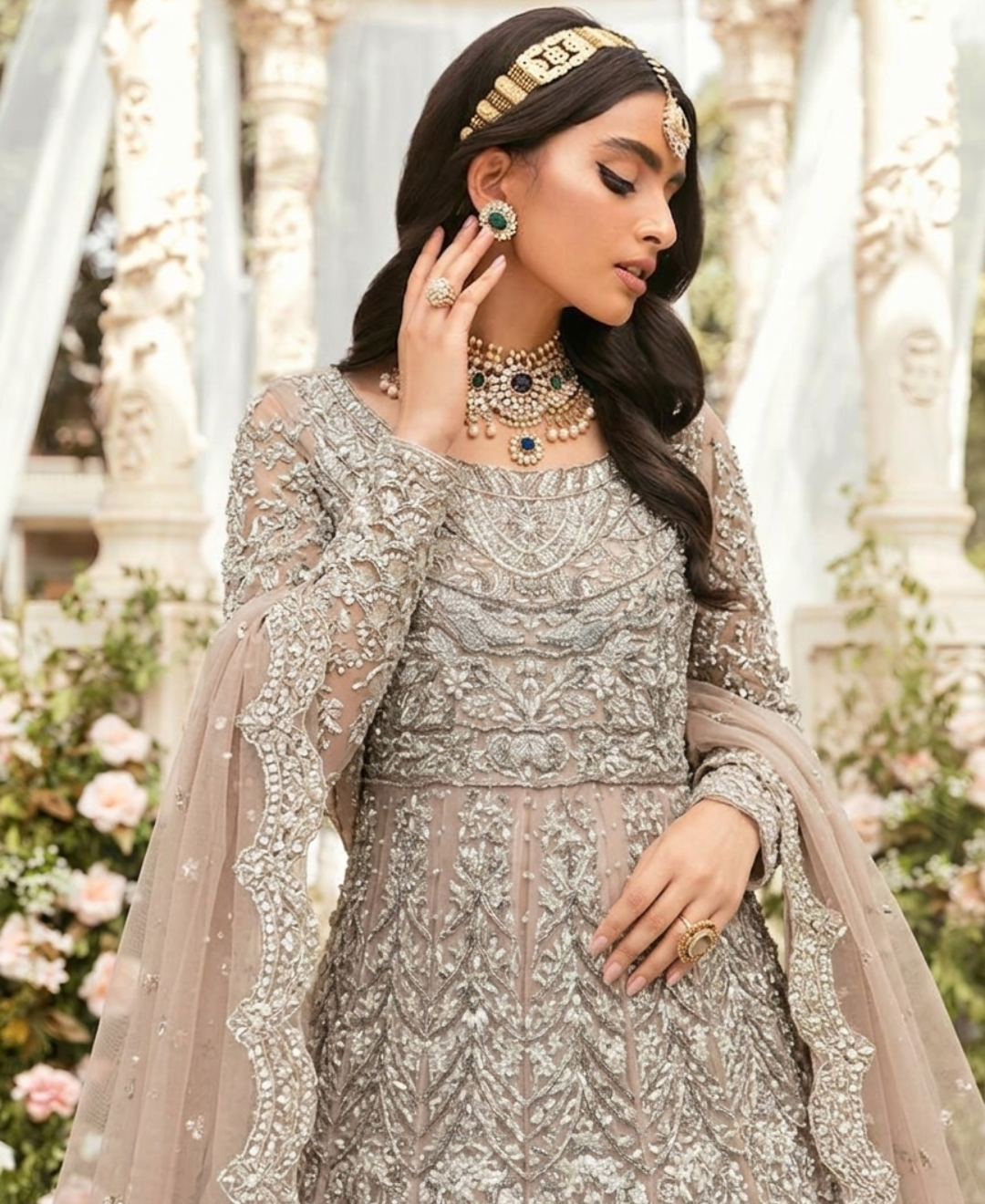 Gorgent Light Peach Bridal Maxi with Silver Work — SKU P 5010