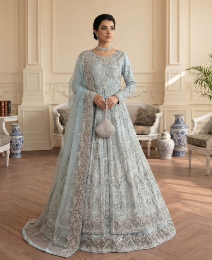 Gorgent Ice Blue Bridal Maxi Open Gown — SKU P 5011