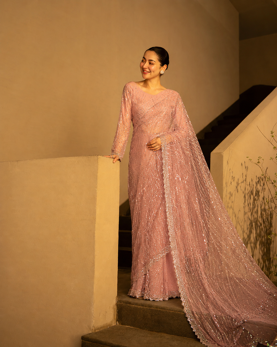 Gorgent Peach Net Saree — SKU P 5202