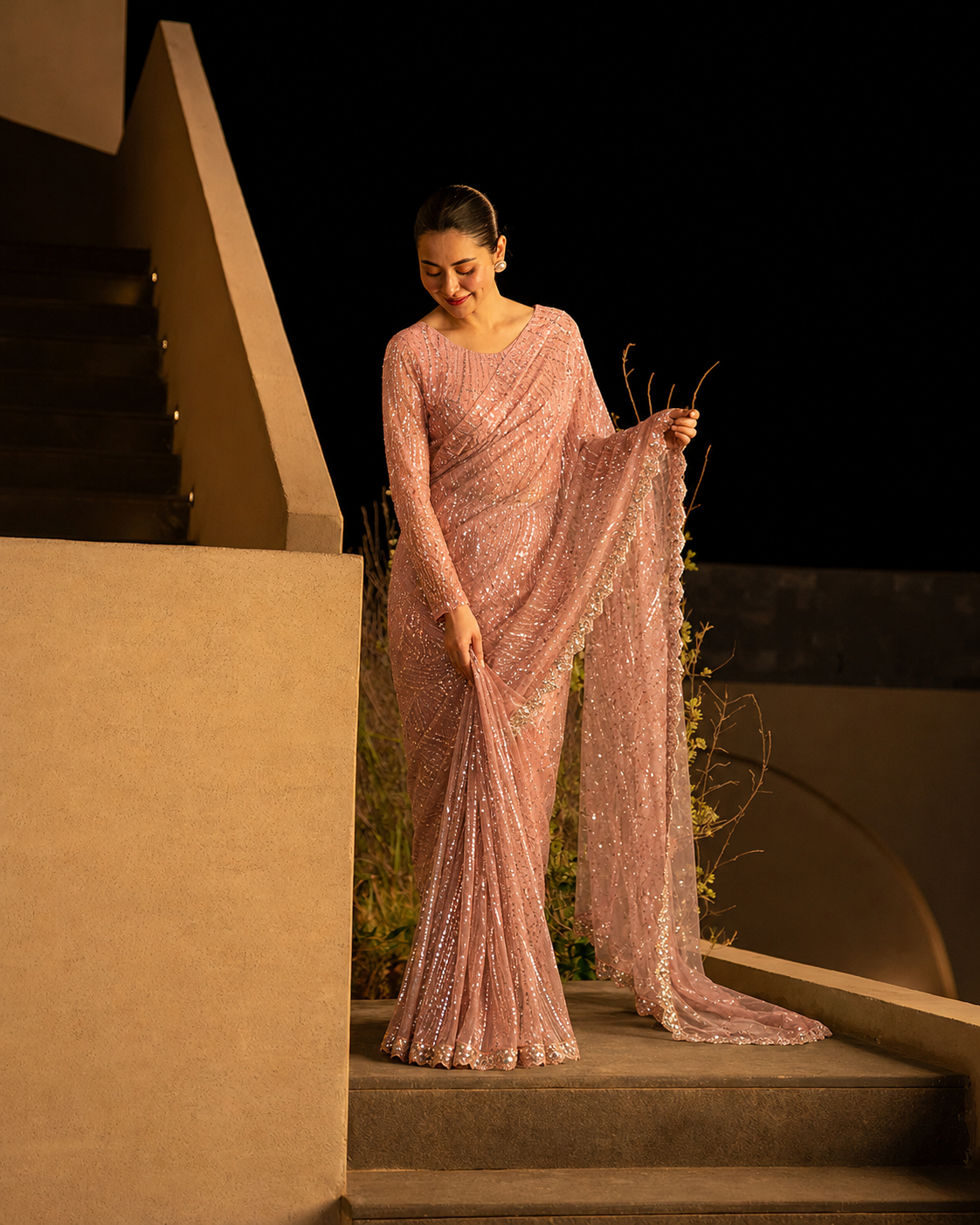 Gorgent Peach Net Saree — SKU P 5202