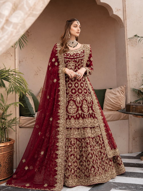 Gorgent Blood Red Shafoon Bridal Farshi Lehenga — SKU P 5043