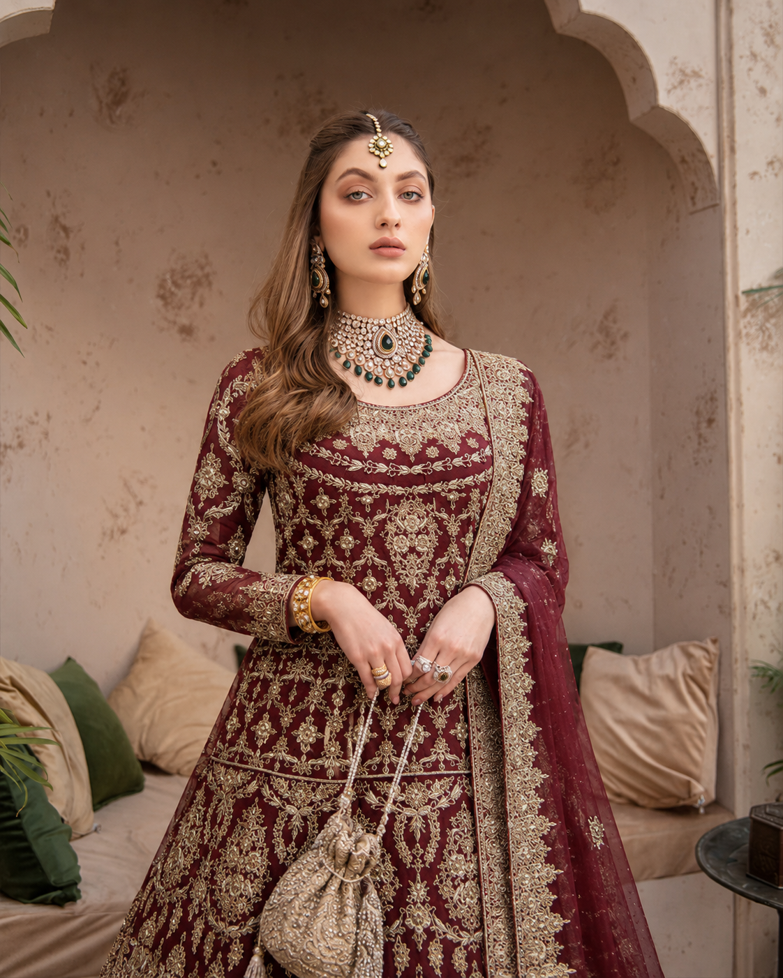 Gorgent Blood Red Shafoon Bridal Farshi Lehenga — SKU P 5043