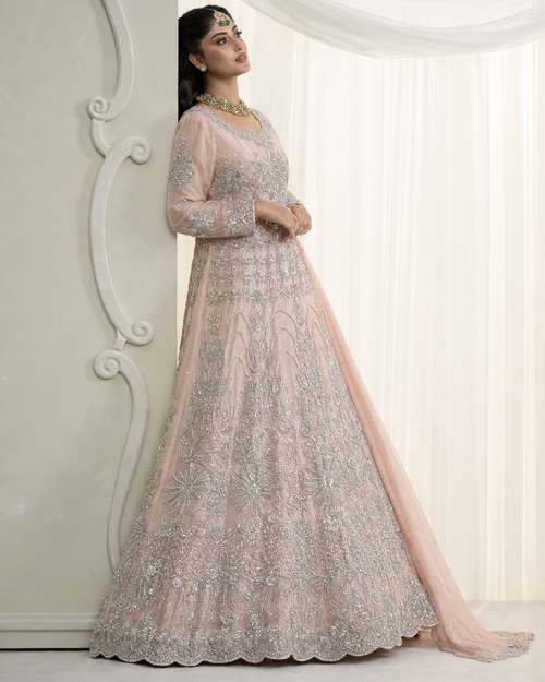 Gorgent Dusty Peach Bridal Maxi with Silver Work — SKU P 5008