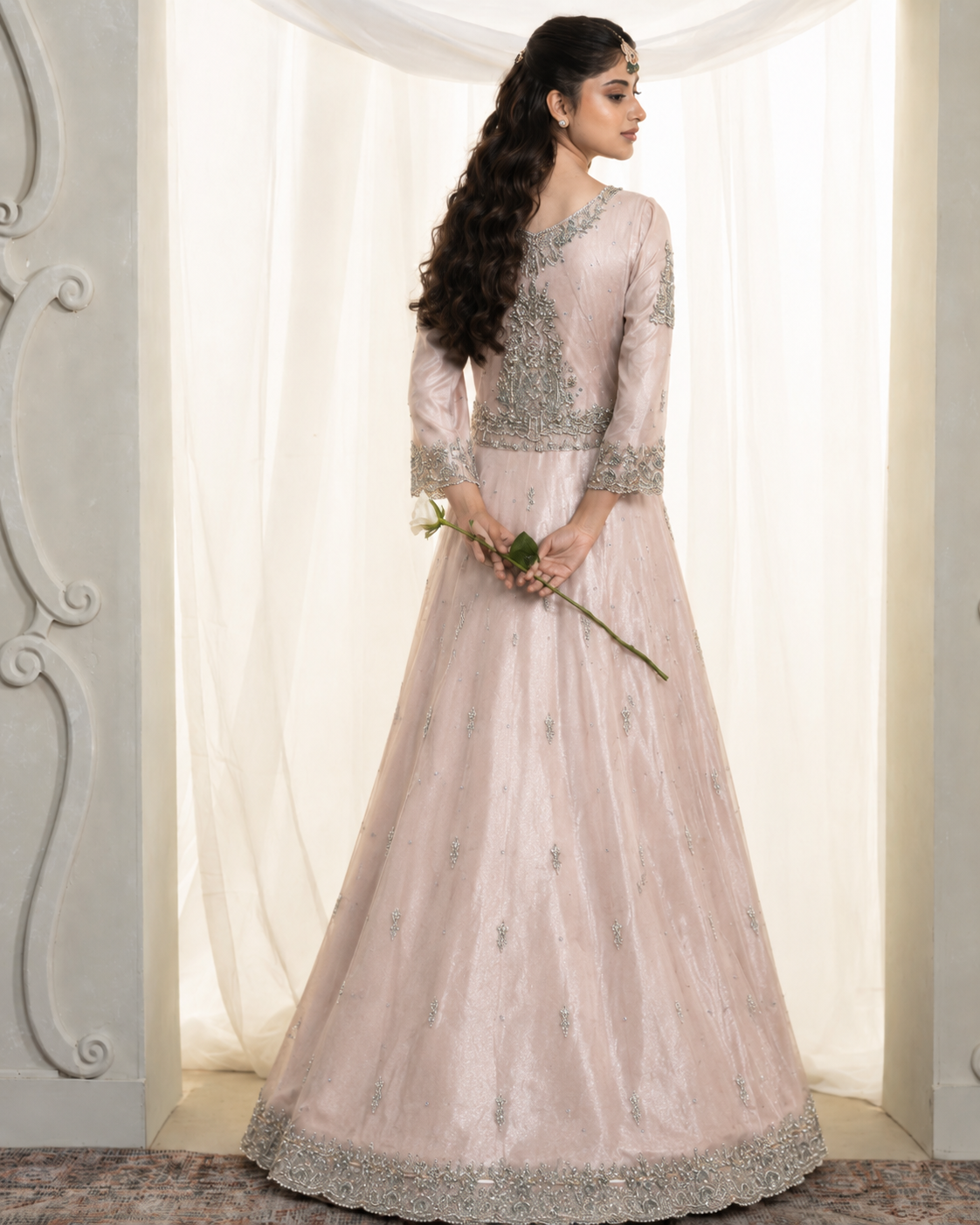 Gorgent Dusty Peach Bridal Maxi with Silver Work — SKU P 5008