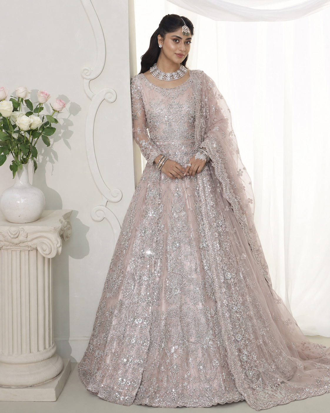 Gorgent Dusty Peach Bridal Maxi with Silver Work — SKU P 5008