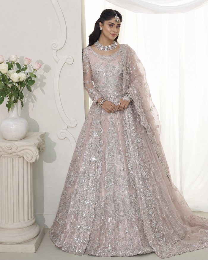 Gorgent Dusty Peach Bridal Maxi with Silver Work — SKU P 5008