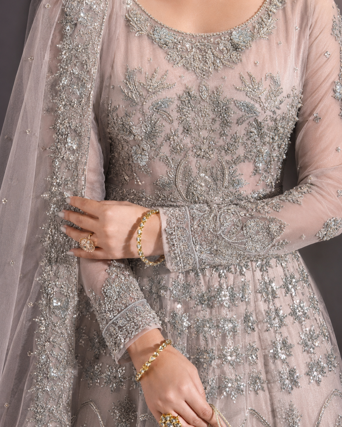 Gorgent Dusty Peach Bridal Maxi with Silver Work — SKU P 5008