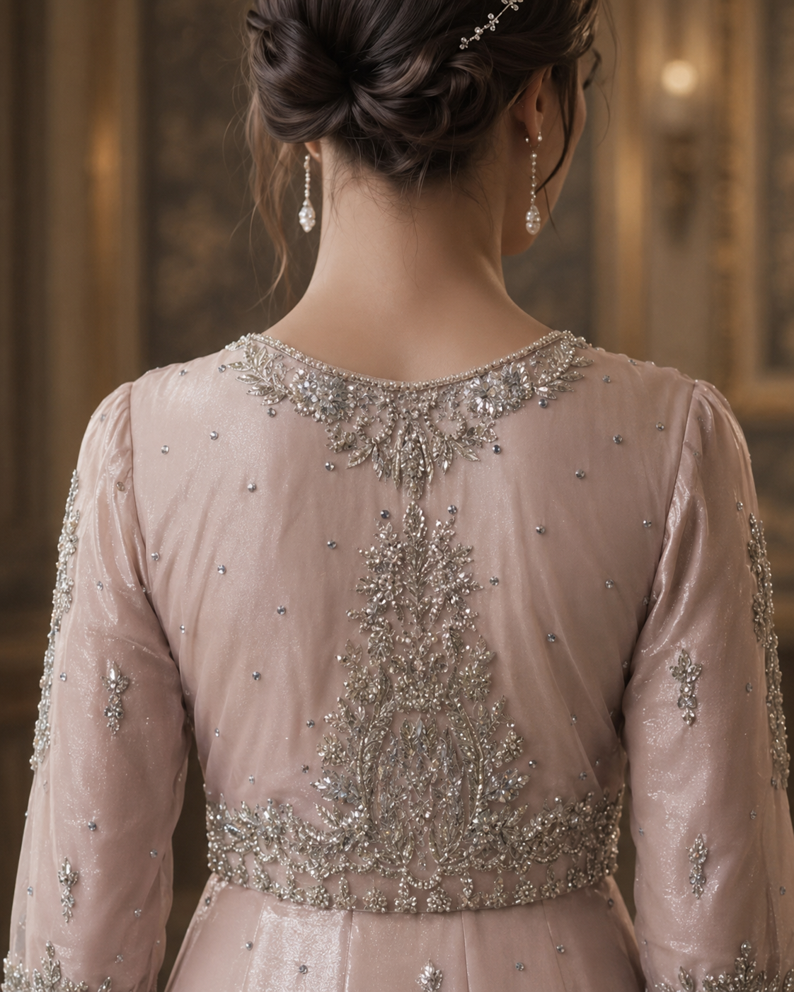 Gorgent Dusty Peach Bridal Maxi with Silver Work — SKU P 5008
