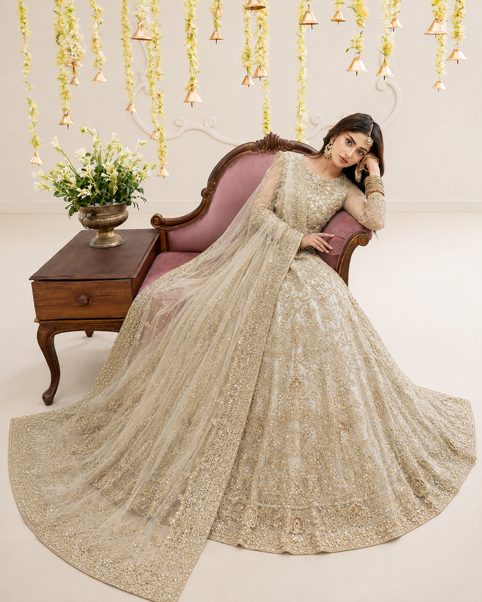 Gorgent Golden Bridal Maxi with Golden Work — SKU P 5014