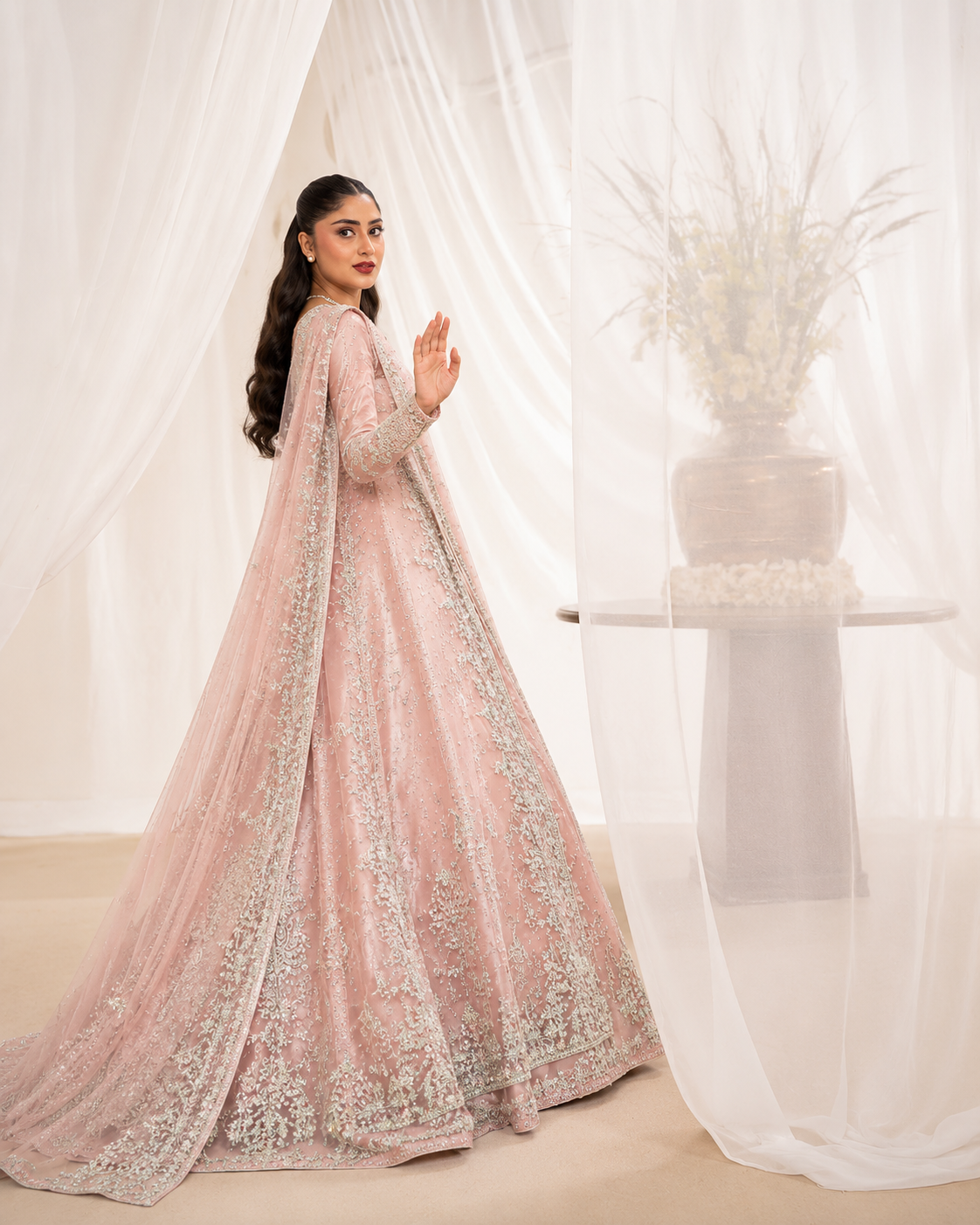 Gorgent Peach Pink Bridal Maxi Open Gown — SKU P 5013
