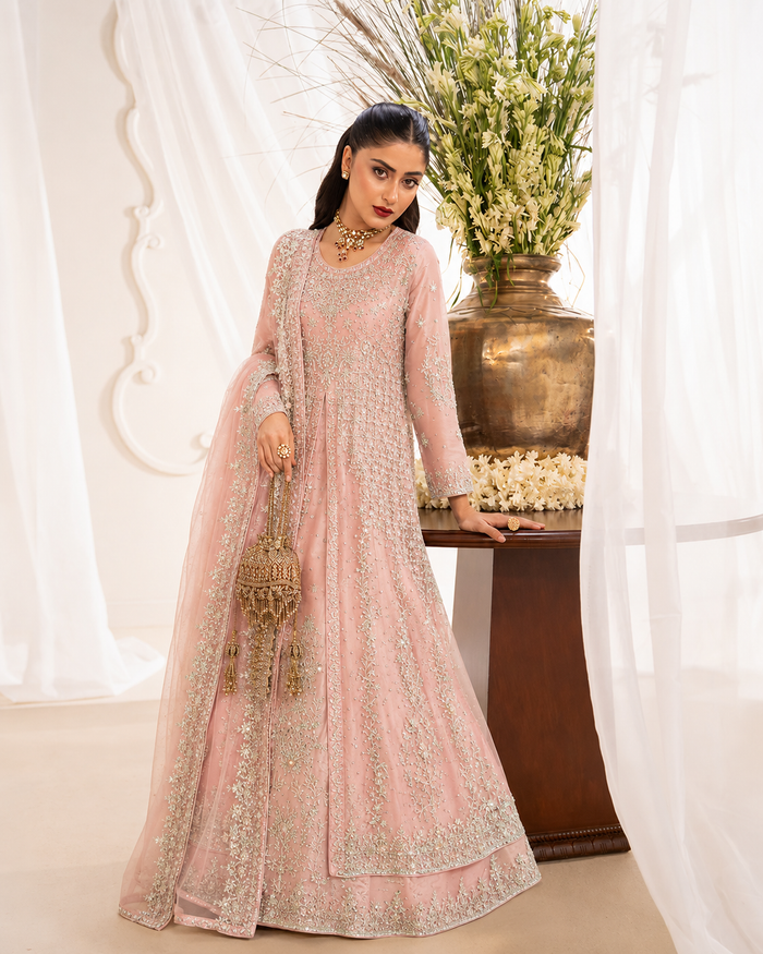 Gorgent Peach Pink Bridal Maxi Open Gown — SKU P 5013
