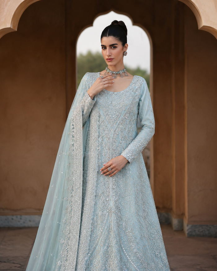 Gorgent Ice Blue Bridal Maxi Curve Open Gown — SKU P 5017