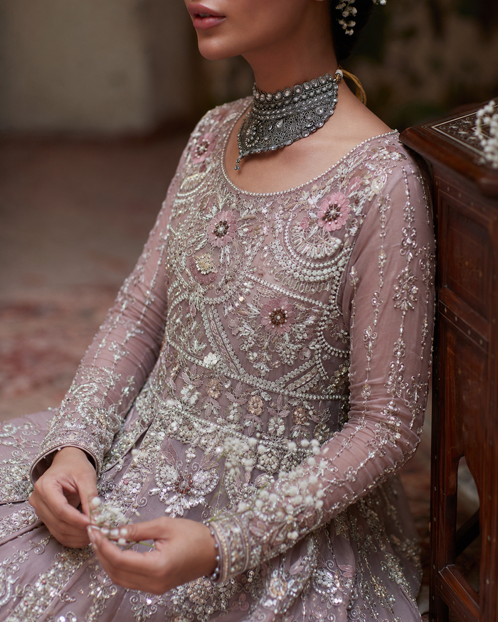 Gorgent Lilac Bridal Maxi Open Gown with Resham & Silver — SKU P 5018