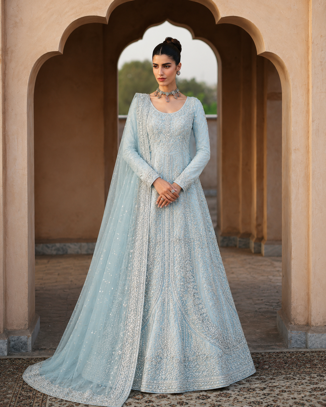 Gorgent Ice Blue Bridal Maxi Curve Open Gown — SKU P 5017
