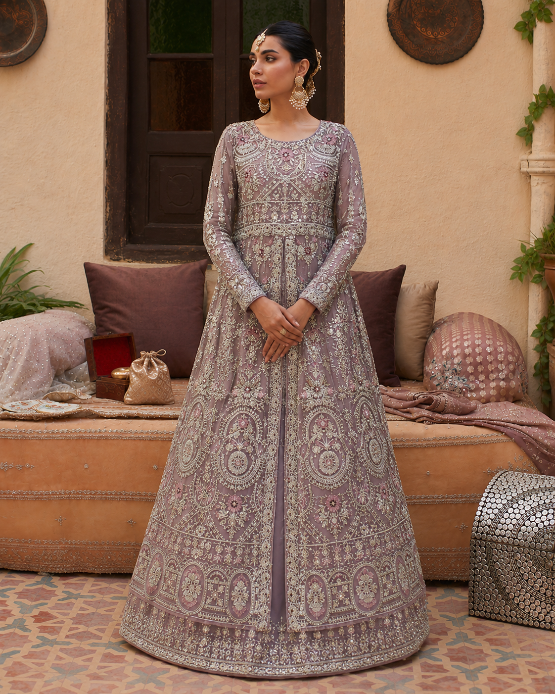Gorgent Lilac Bridal Maxi Open Gown with Resham & Silver — SKU P 5018