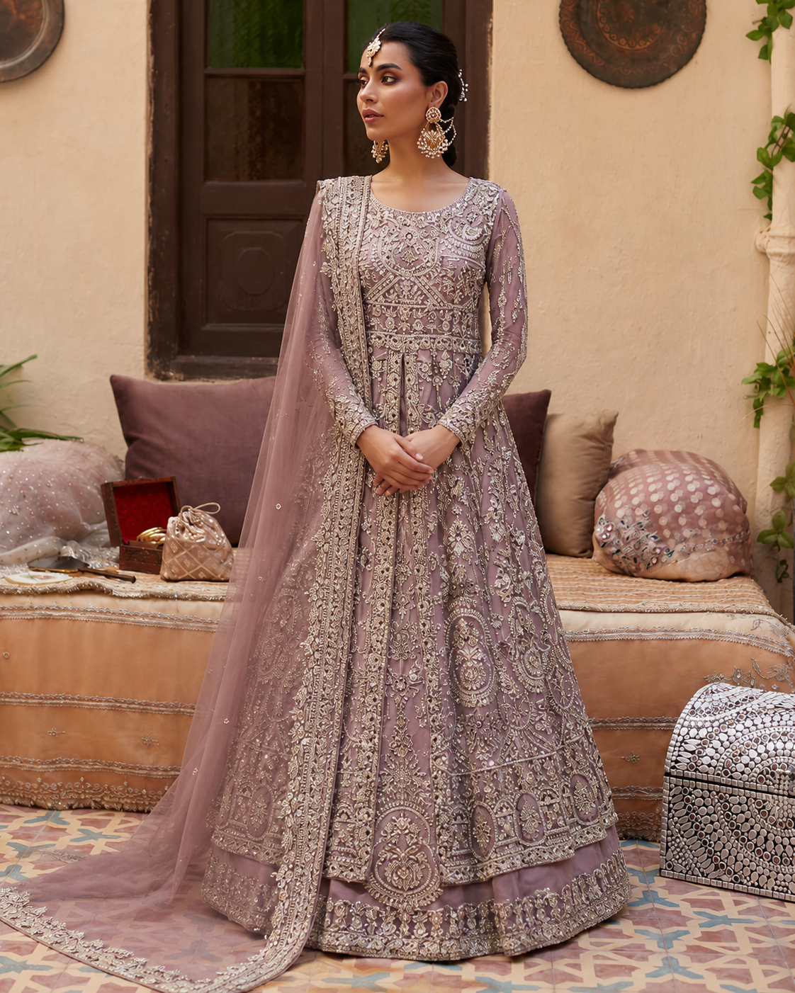 Gorgent Lilac Bridal Maxi Open Gown with Resham & Silver — SKU P 5018