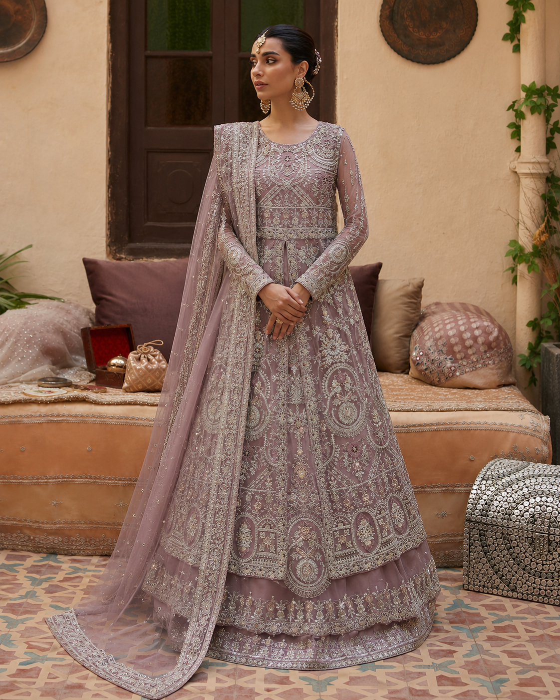 Gorgent Lilac Bridal Maxi Open Gown with Resham & Silver — SKU P 5018