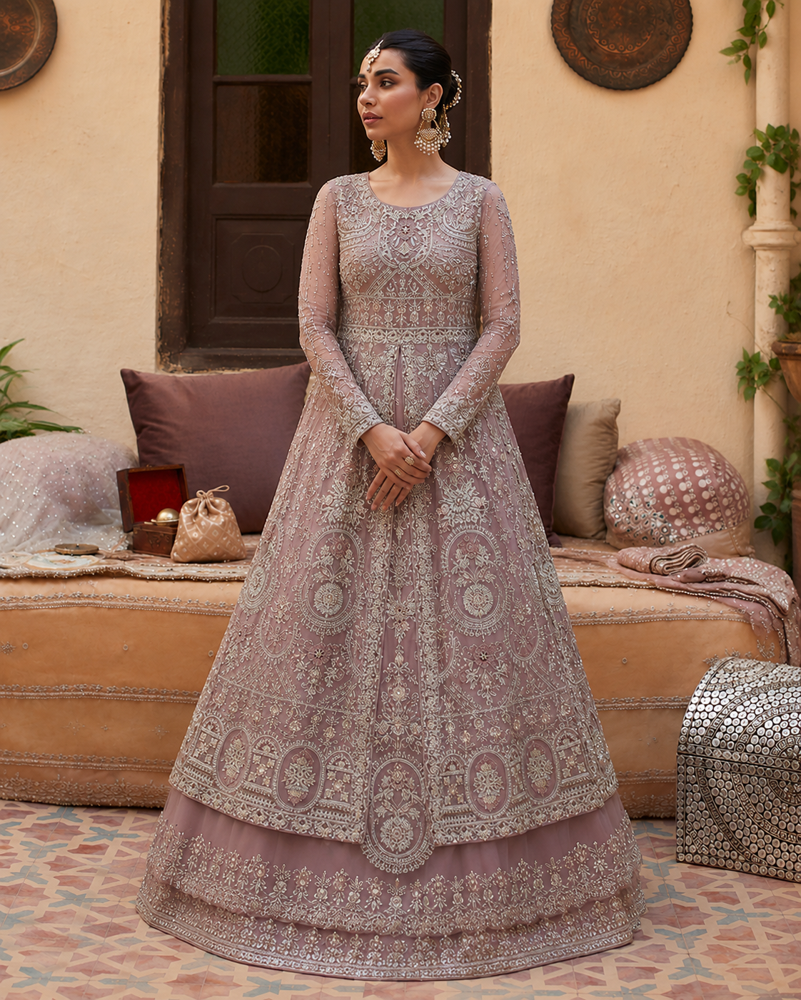 Gorgent Lilac Bridal Maxi Open Gown with Resham & Silver — SKU P 5018
