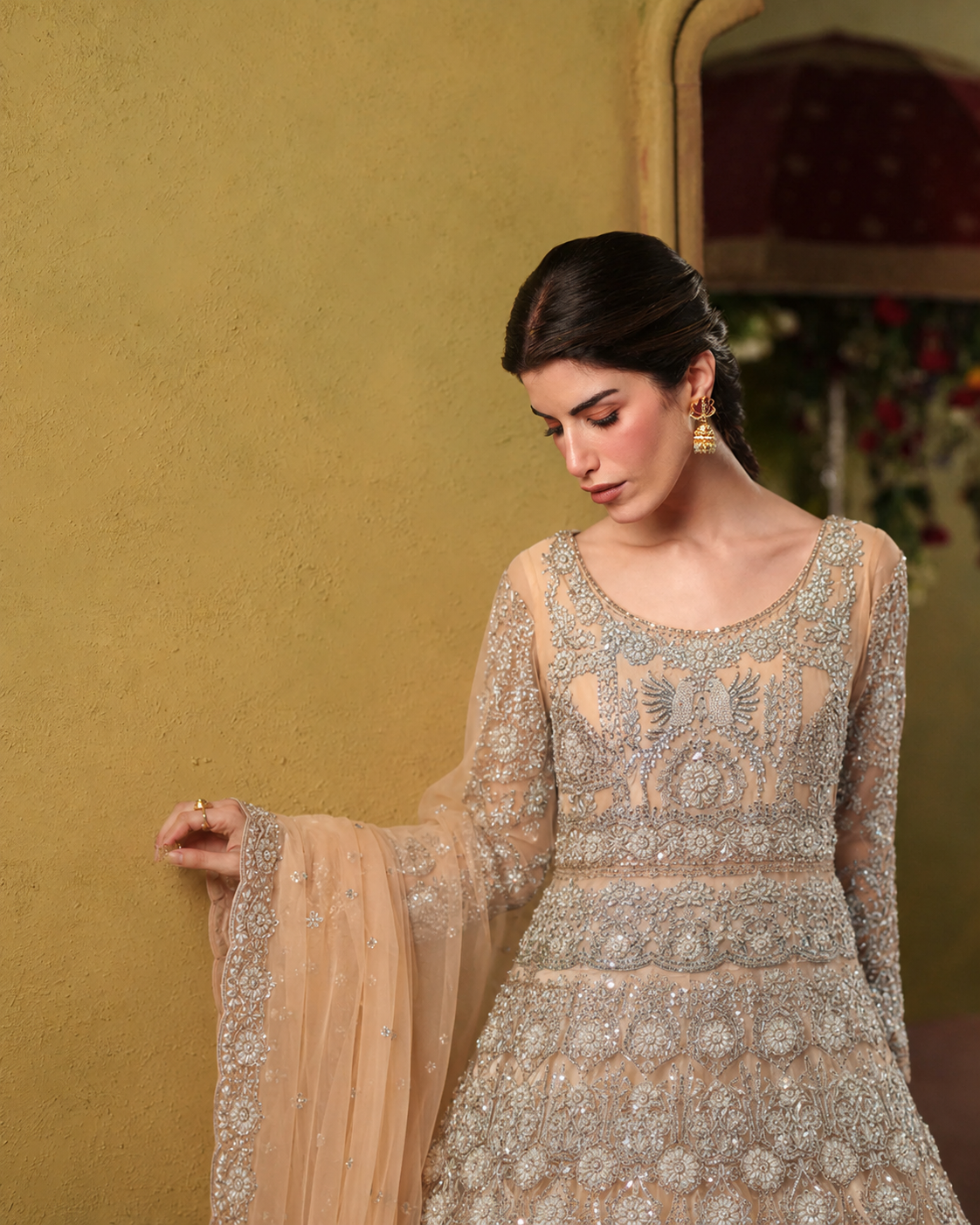 Gorgent Peach Bridal Maxi with Heavy Silver Work — SKU P 5019