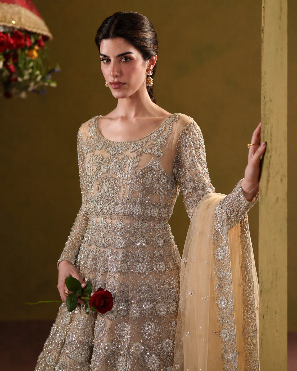Gorgent Peach Bridal Maxi with Heavy Silver Work — SKU P 5019