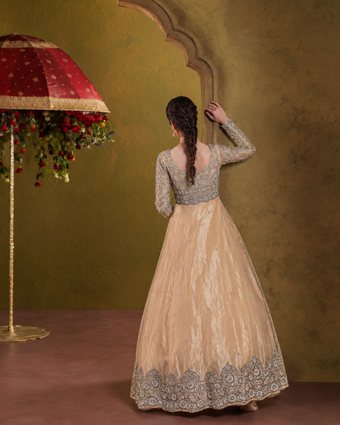 Gorgent Peach Bridal Maxi with Heavy Silver Work — SKU P 5019