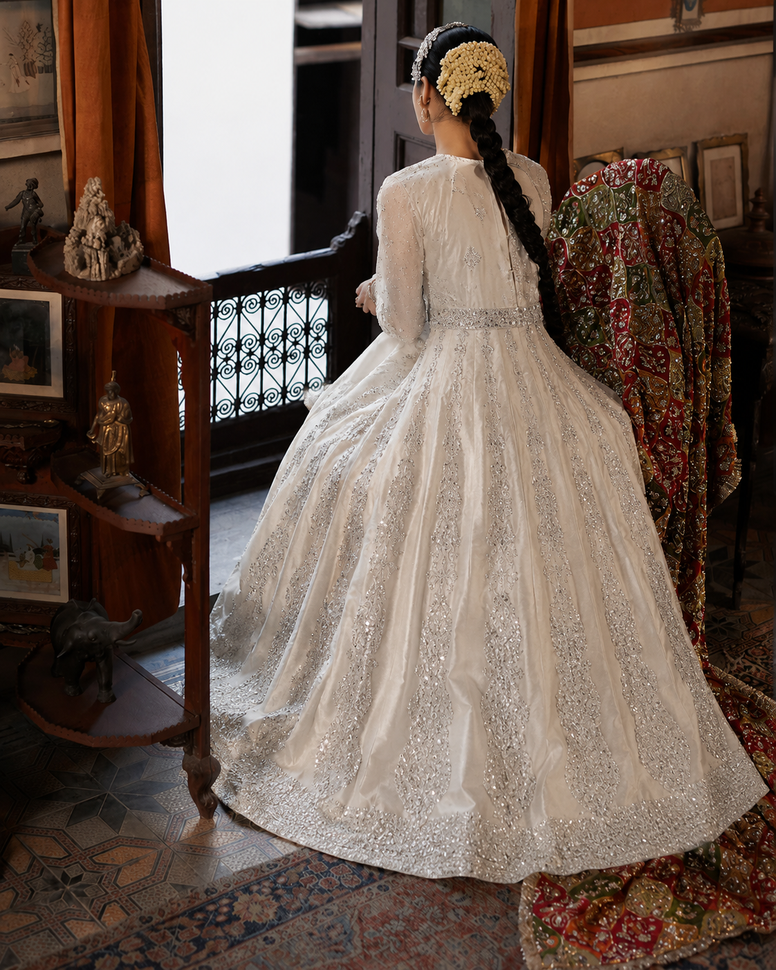 Gorgent Light Peach Bridal Maxi with Heavy Silver Work — SKU P 5020