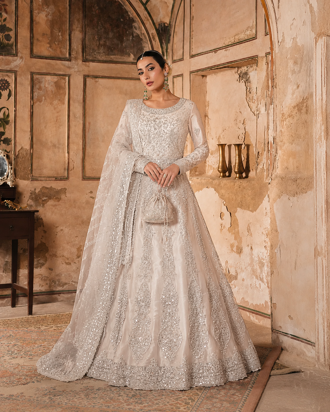 Gorgent Light Peach Bridal Maxi with Heavy Silver Work — SKU P 5020
