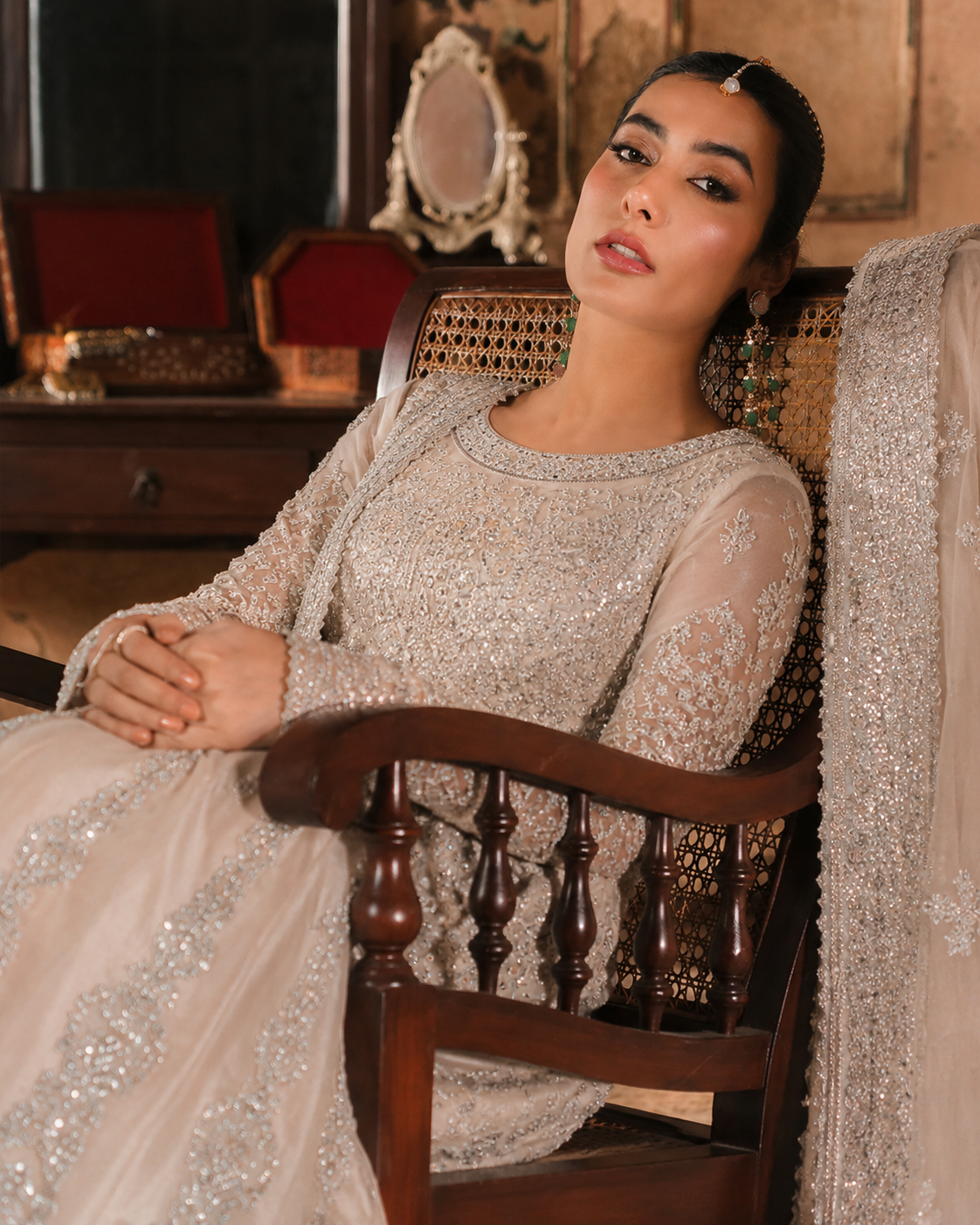 Gorgent Light Peach Bridal Maxi with Heavy Silver Work — SKU P 5020
