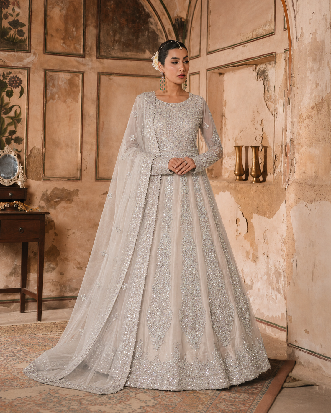 Gorgent Light Peach Bridal Maxi with Heavy Silver Work — SKU P 5020