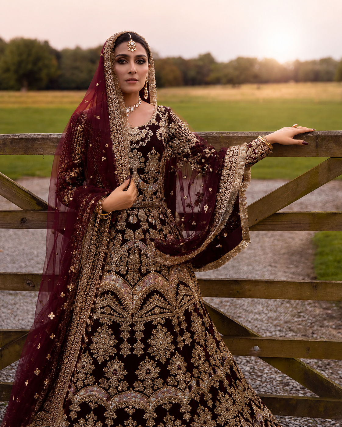 Gorgent Maroon Velvet Bridal Lehenga with Golden Work — SKU P 5021