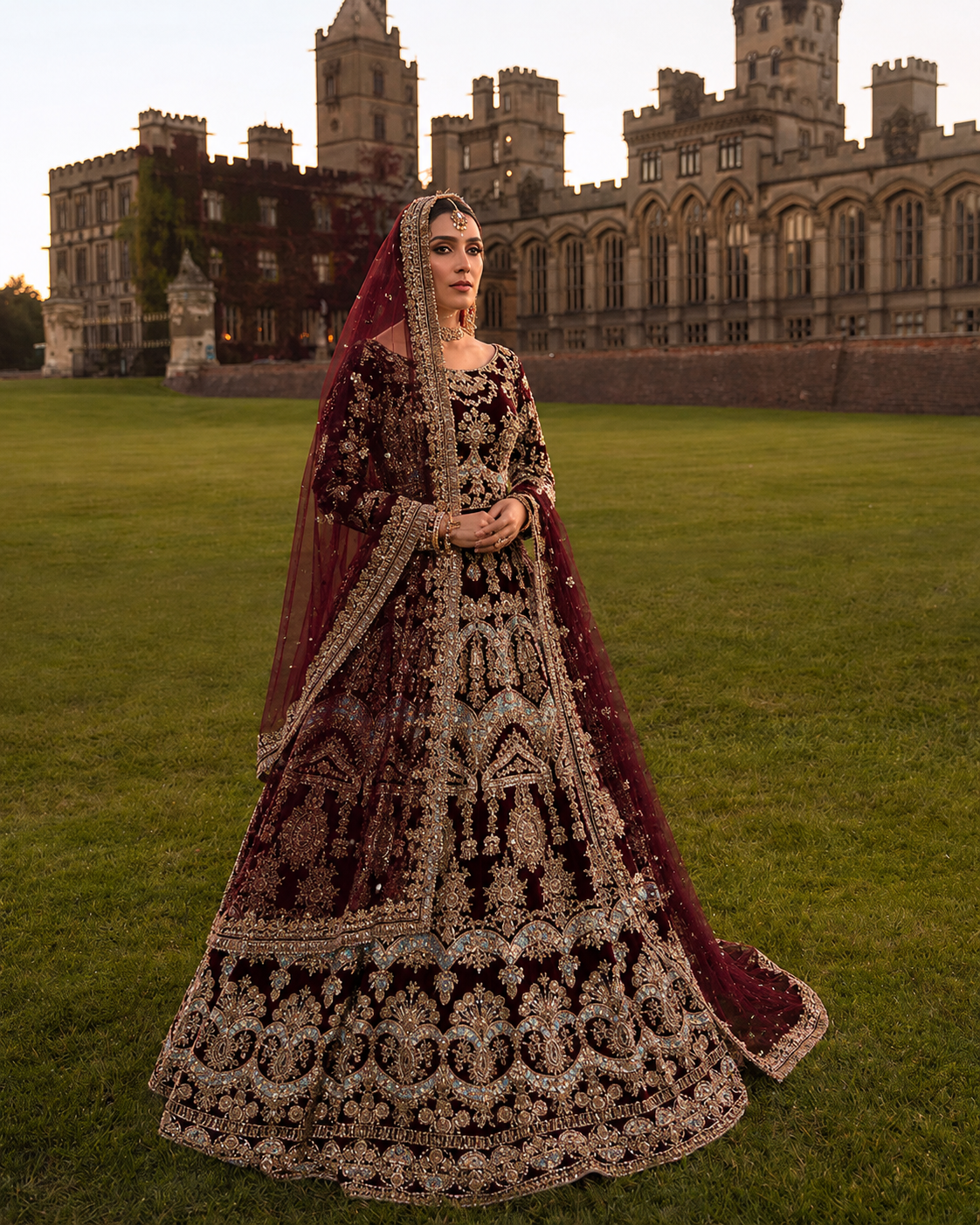Gorgent Maroon Velvet Bridal Lehenga with Golden Work — SKU P 5021