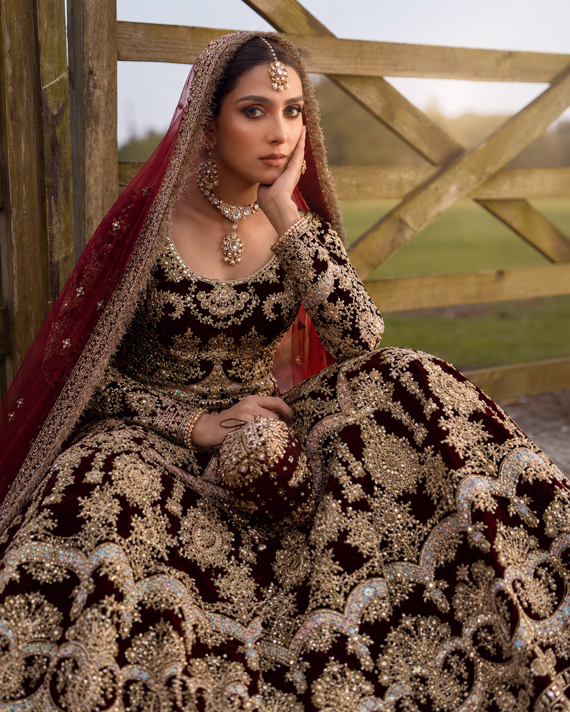 Gorgent Maroon Velvet Bridal Lehenga with Golden Work — SKU P 5021