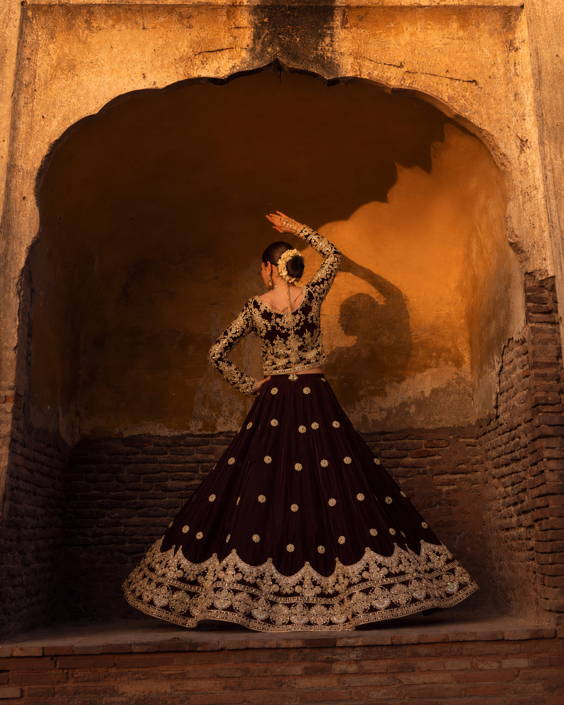Gorgent Maroon Velvet Bridal Lehenga with Golden Work — SKU P 5021