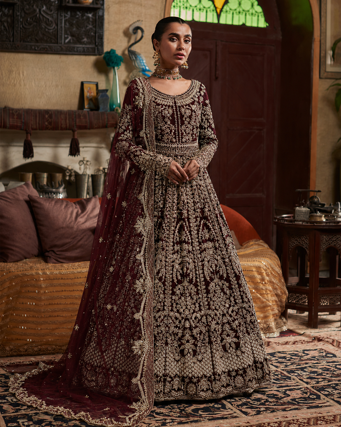 Gorgent Maroon Velvet Bridal Lehenga with Golden Work — SKU P 5022