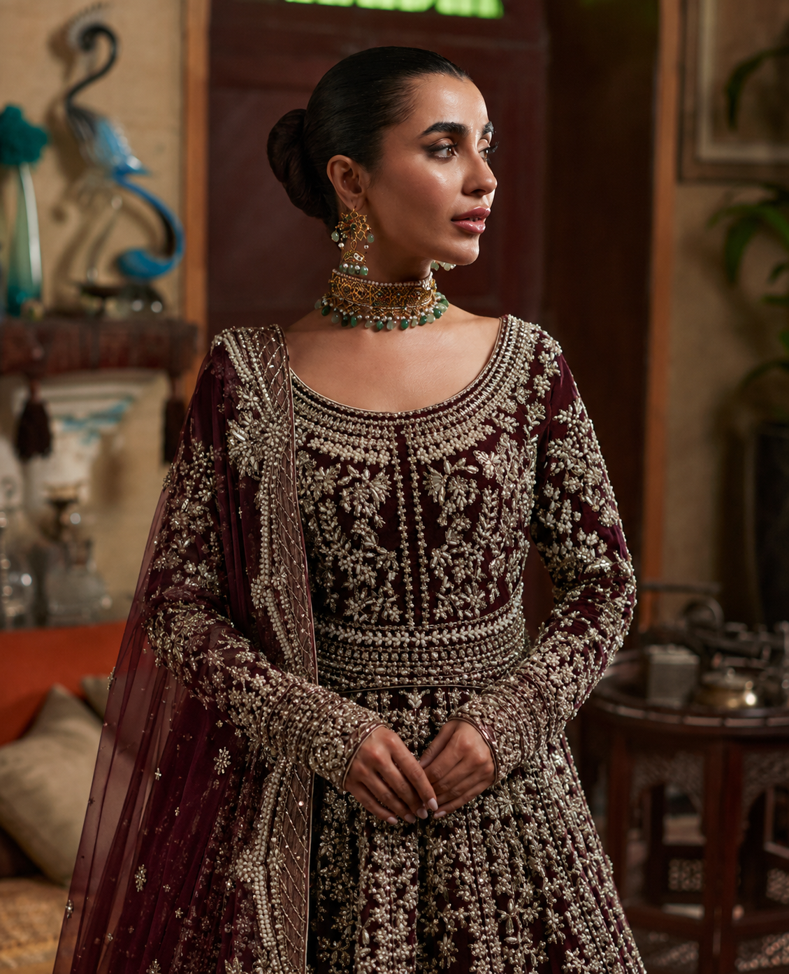 Gorgent Maroon Velvet Bridal Lehenga with Golden Work — SKU P 5022