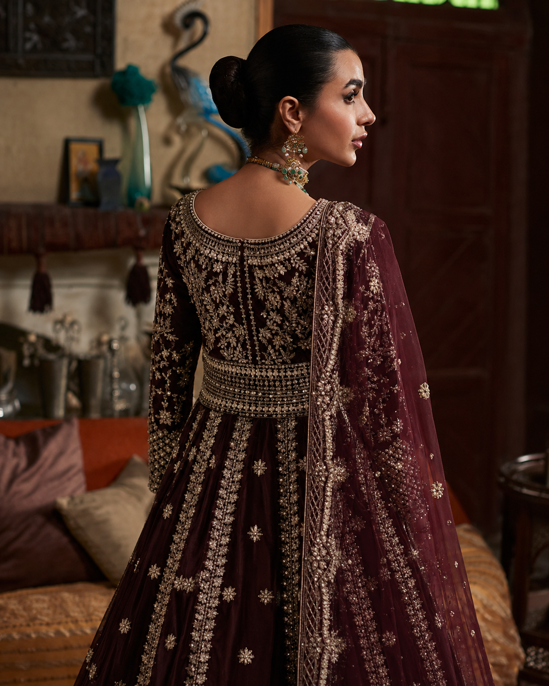 Gorgent Maroon Velvet Bridal Lehenga with Golden Work — SKU P 5022